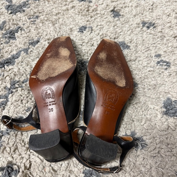 Vintage Pratesi Black Leather Block Italy Artisan Heel Slingback Sandals Size 39 - Picture 6 of 8